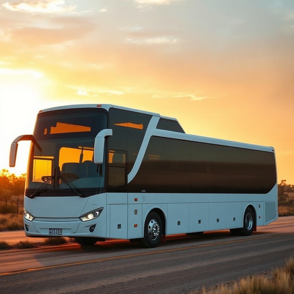Modern 54-seat white coach on an outback South Australian road at golden hour