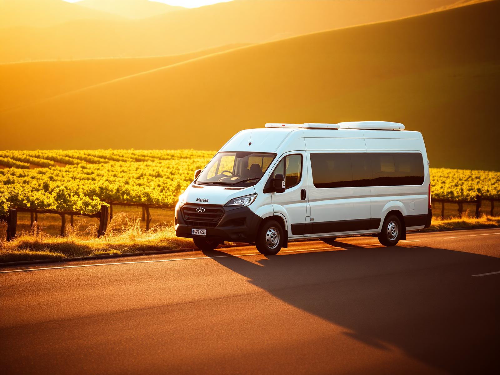 White Des's minibus on a South Australian vineyard road at golden hour