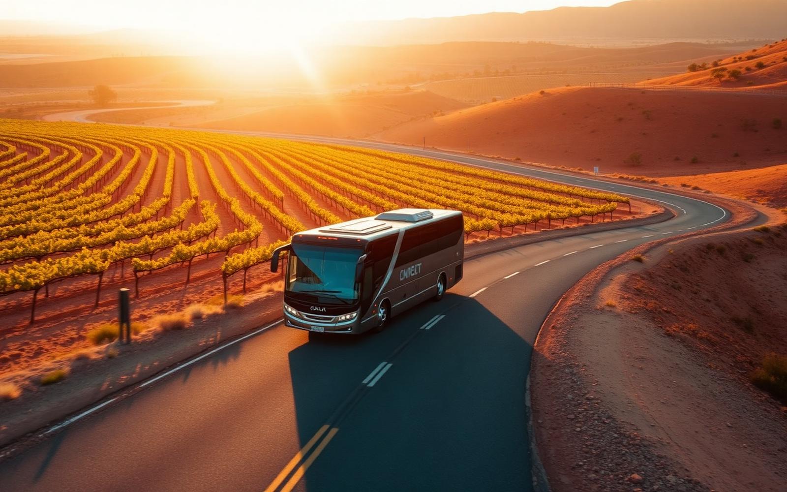 Coach on a winding road through South Australian vineyards